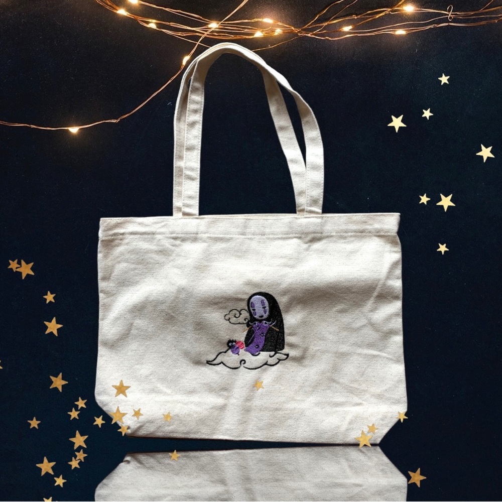Kaonashi also known as “No face” knitting embroidered 12oz tote bag